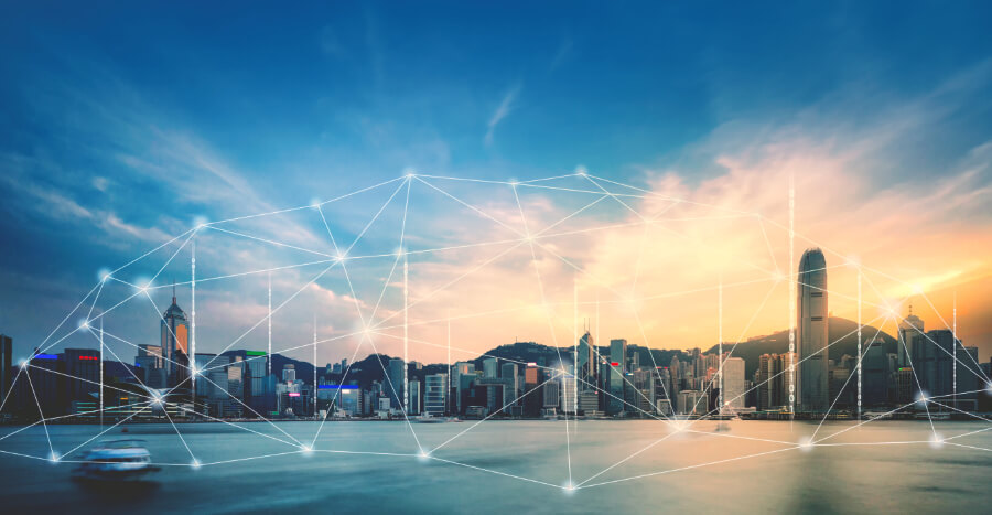 Smart network and Connection technology concept with Hong Kong city background at sunset in Victoria harbor, Panorama view