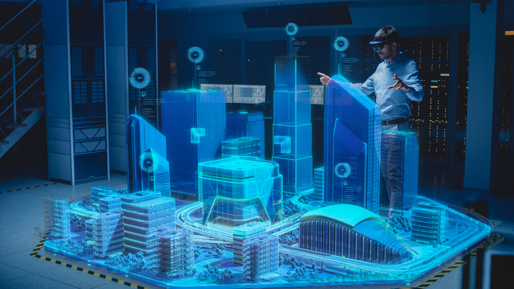  Professional architect wearing virtual reality headset looking at a virtual city